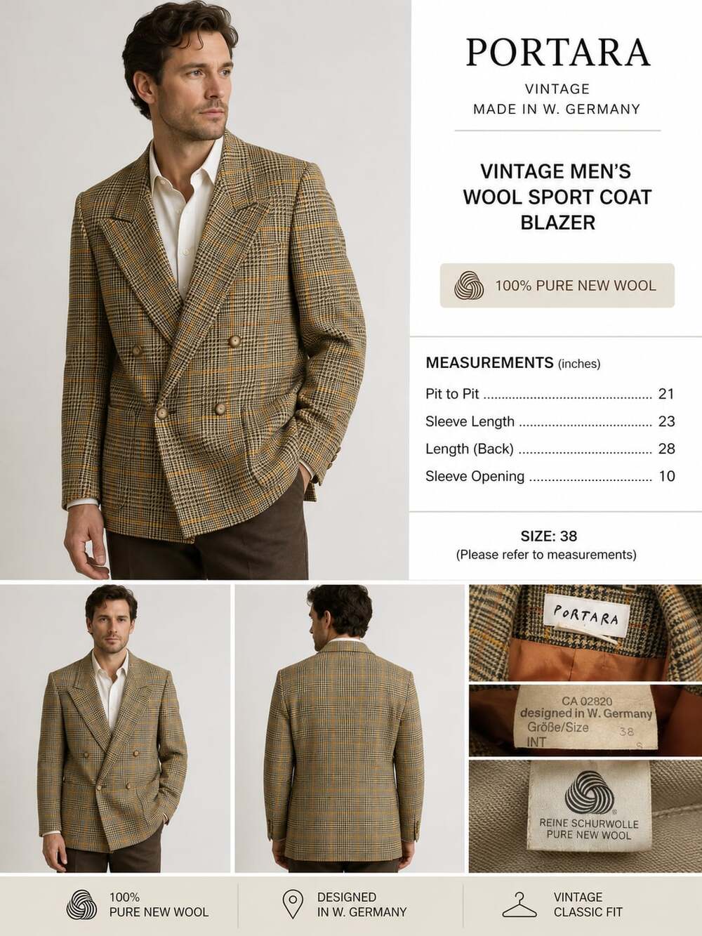 Vintage Portara Mens Wool Sport Coat Blazer Dbl Breasted Glen Plaid West Germany